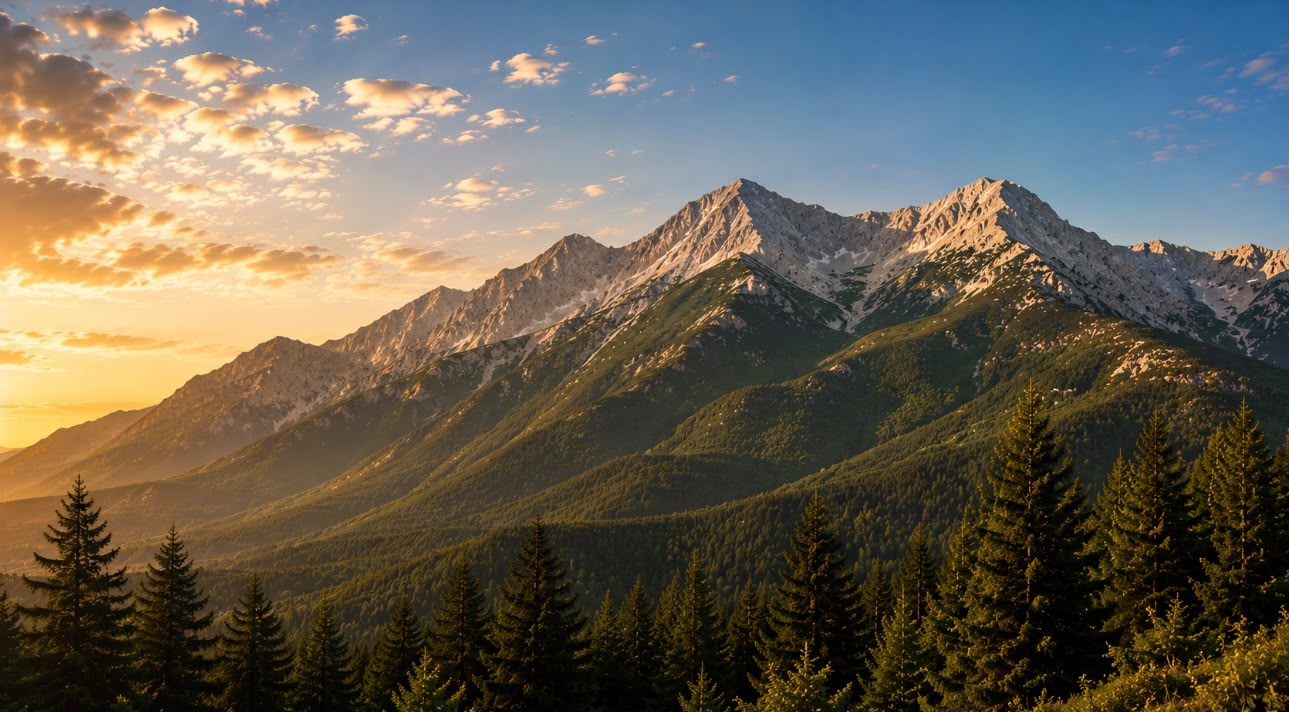 Pirin mountains at sunset above the pine forests near Bansko, Bulgaria